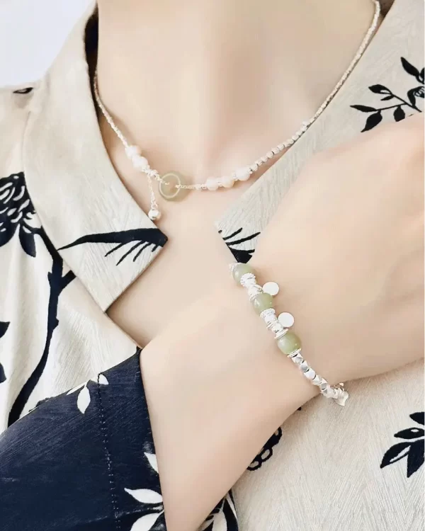 Sterling Silver Hetian jade "pingan" good luck chain bracelet for gift