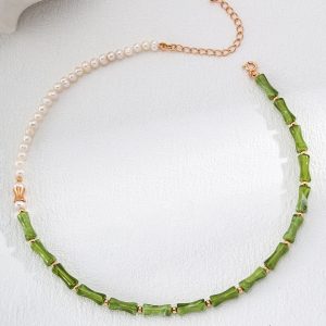 Sterling silver gild green bamboo pearl necklace