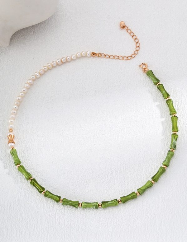 Sterling silver gild green bamboo pearl necklace