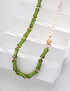 Sterling silver gild green bamboo pearl necklace