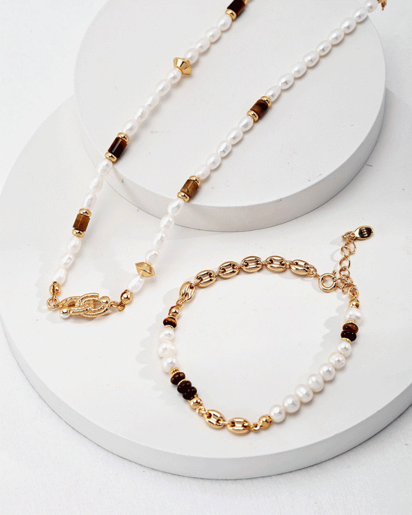 a 18K gold plated silver adjustable pearl tiger-eye bracelet and Love Knot Pendant Necklace