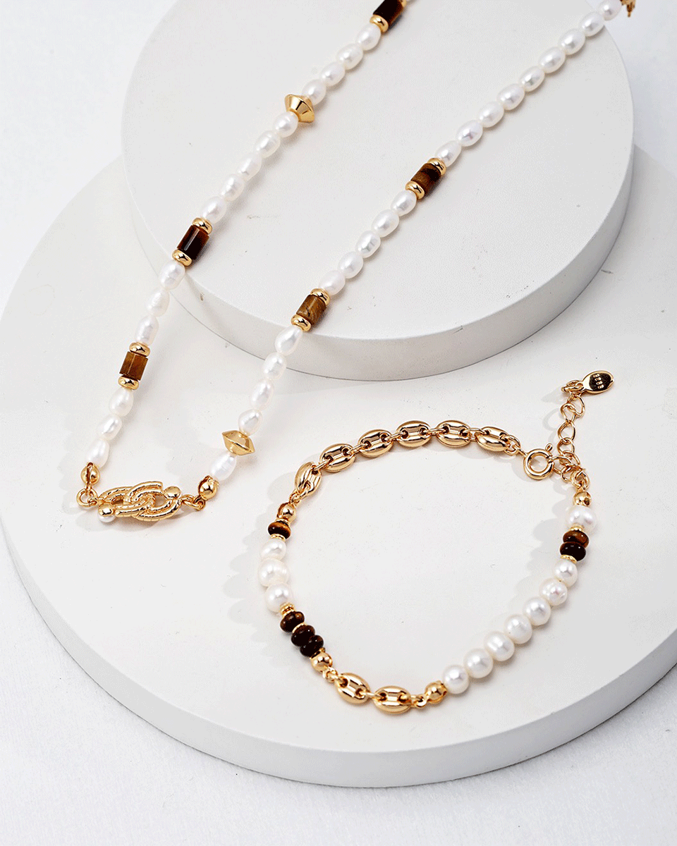 a 18K gold plated silver adjustable pearl tiger-eye bracelet and Love Knot Pendant Necklace