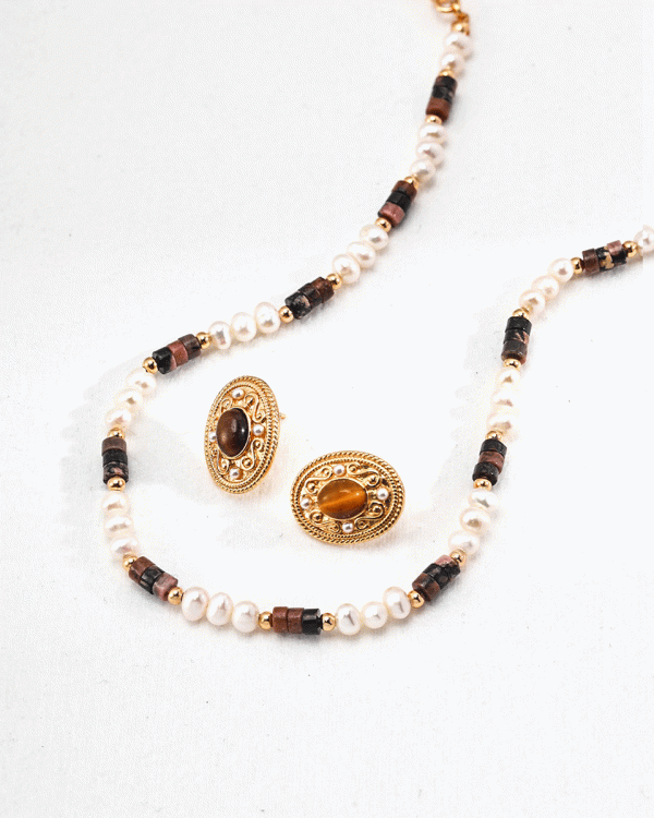 18k gold-plated silver rhodonite pearl necklace and vintage tiger-eye earrings