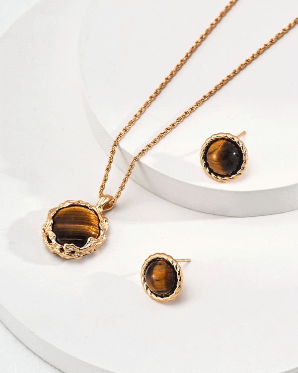 18k gold-plated silver tiger eye stone earrings and necklace