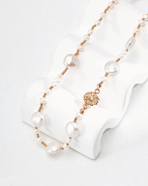 18k gold silver flower zircon pearl necklace