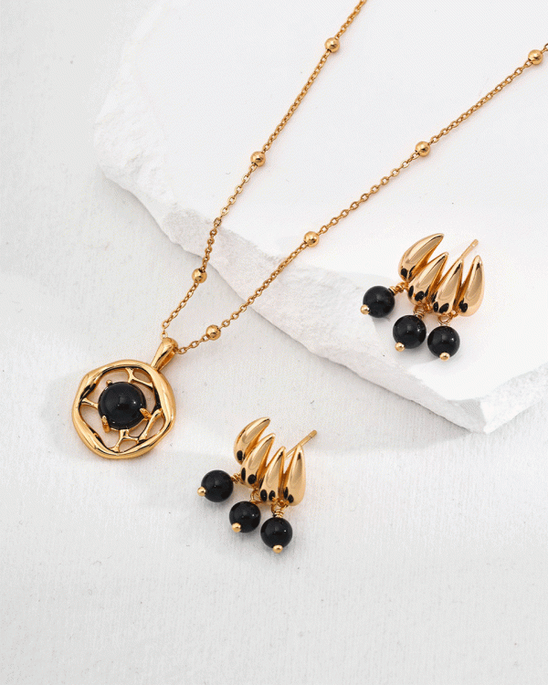 Vintage Style Black Onyx Tassel Earrings/necklace-Irregular---18k Gold-plated Silver