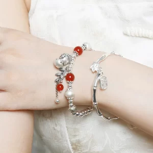 Sterling Silver red agate bodhi wheat bracelet and lotus ruyi bracelet