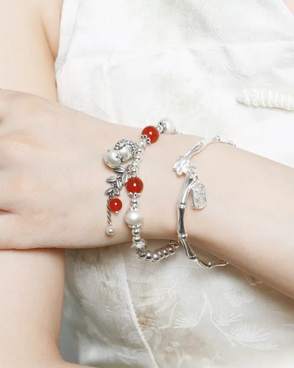 Sterling Silver red agate bodhi wheat bracelet and lotus ruyi bracelet