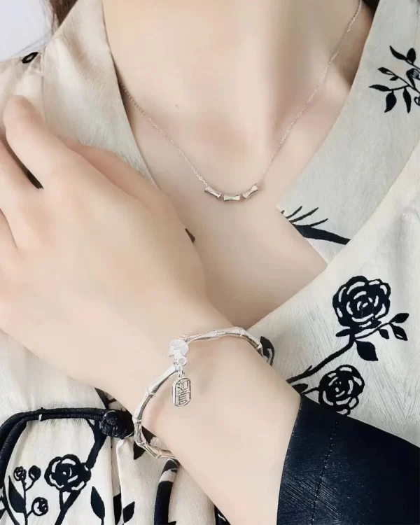 Sterling Silver bamboo lotus ruyi bracelet and necklace