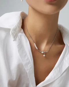 Sterling Silver Pearl Moon Necklace for Gift