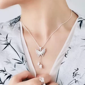 Butterfly convallaria pendant 999.9 Pure Silver Chinese Crafts Necklace