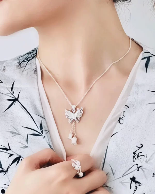 Butterfly convallaria pendant 999.9 Pure Silver Chinese Crafts Necklace