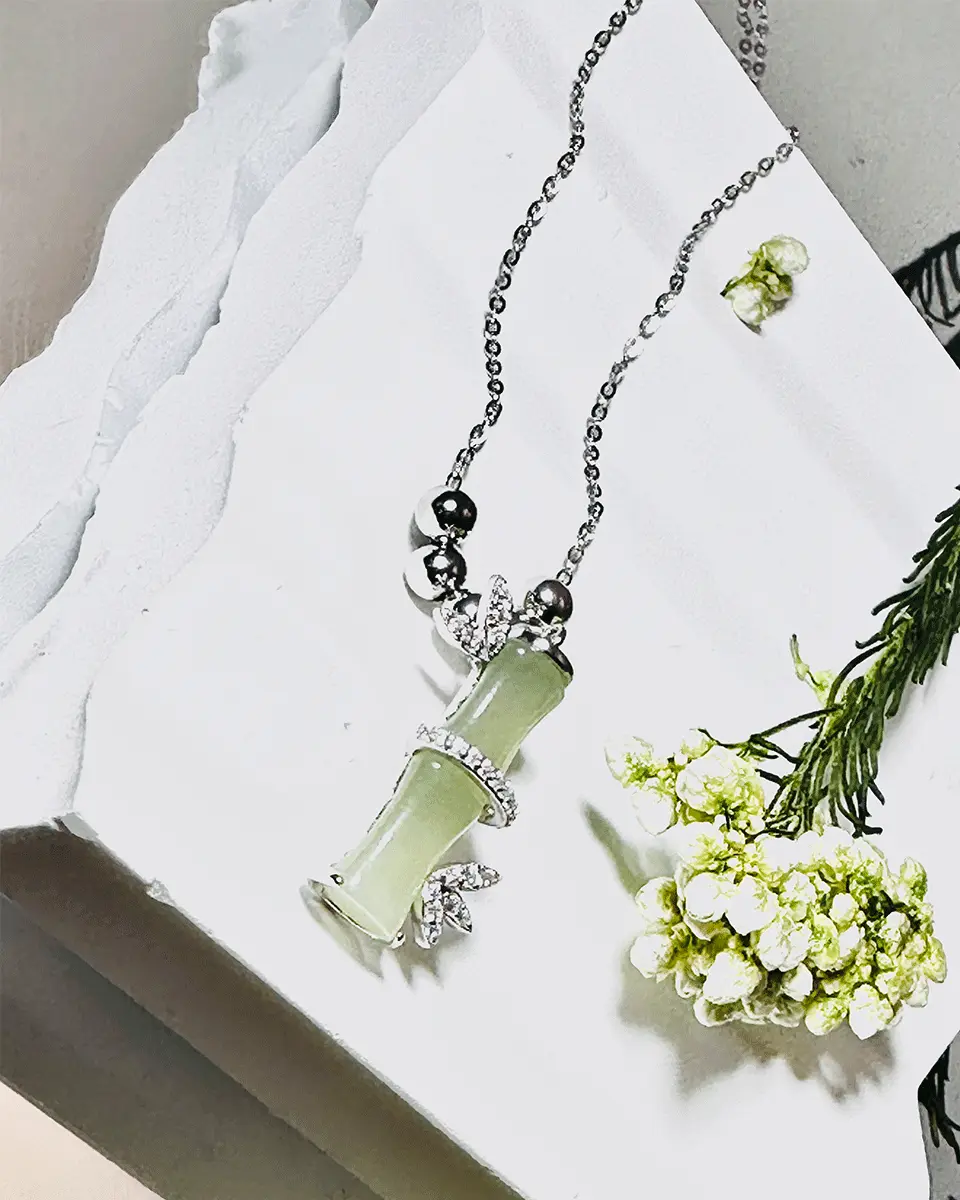 Sterling Silver Hetian Jade Bamboo Pendant Necklace