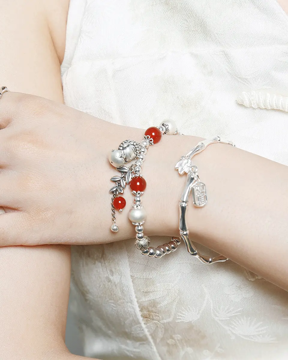 Sterling Silver red agate bodhi wheat bracelet and lotus ruyi bracelet