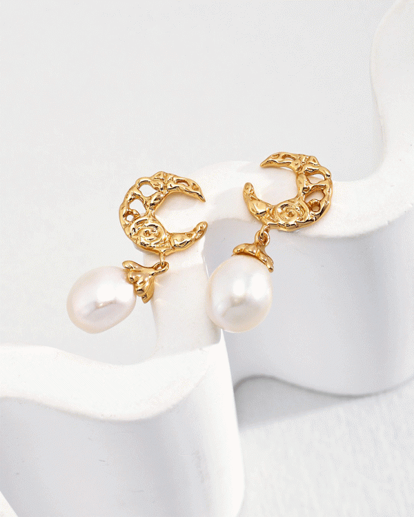 a 18K gold plated silver pearl moon earrings