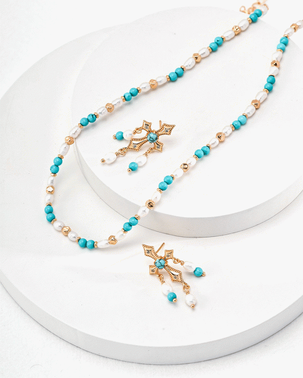 18k gold-plated silver turquoise pearl necklace/cross earrings