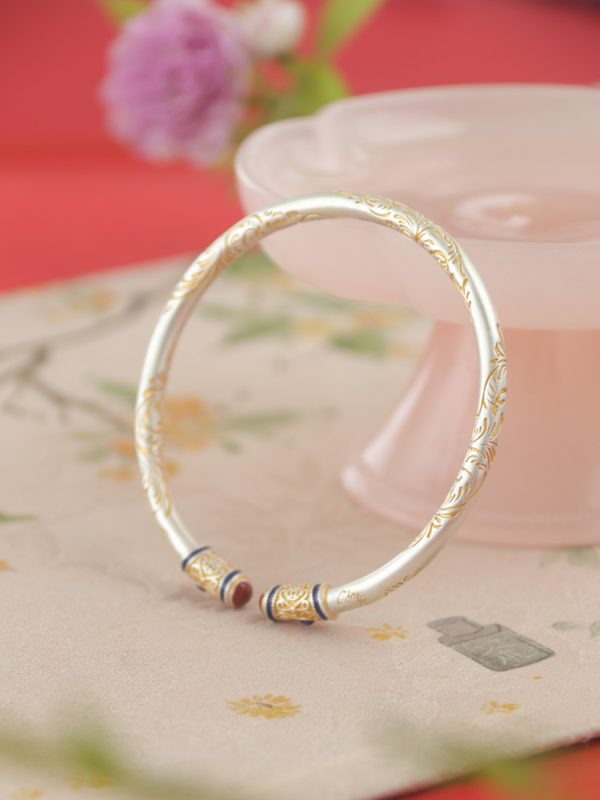 Light luxury bangle 999 pure silver curly pattern gold enamel new Chinese style and simplicity bracelet