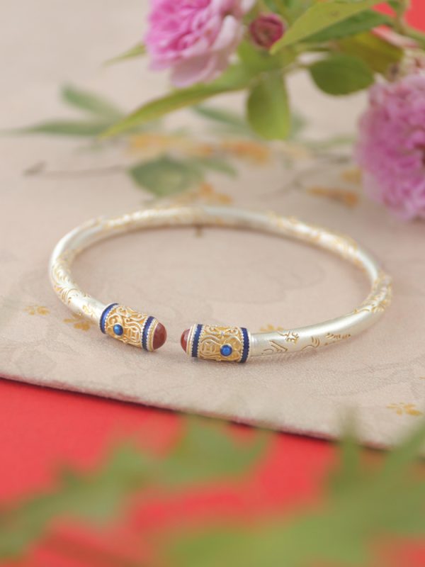 Light luxury bangle 999 pure silver curly pattern gold enamel new Chinese style and simplicity bracelet