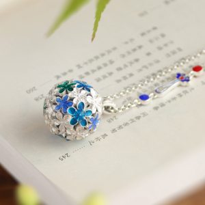 999 pure silver hydrangea Bell pendant cloisonne hollow necklace