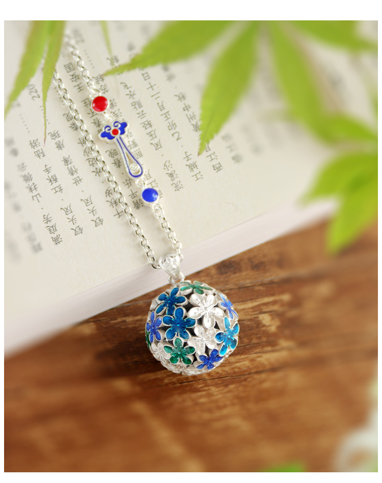 999 pure silver hydrangea Bell pendant cloisonne hollow necklace